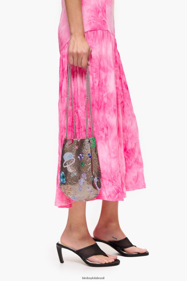 acessórios Bimba Y Lola bolsa bucket mesh com estampa de joias caídas dourado P28JFH147
