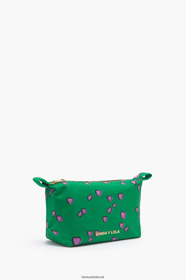 acessórios Bimba Y Lola estojo de maquiagem trapézio pequeno com estampa de corações verde P28JFH1079