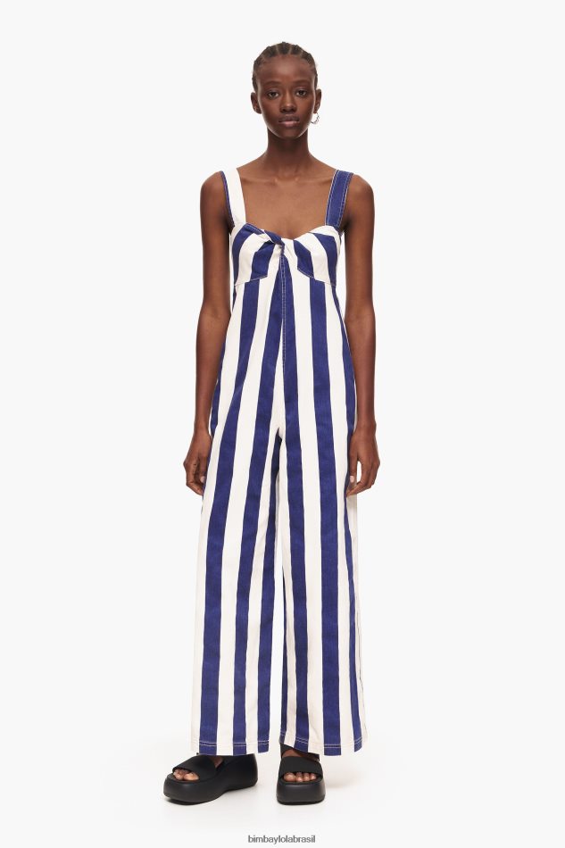 roupas Bimba Y Lola macacão listrado jeans azul P28JFH212