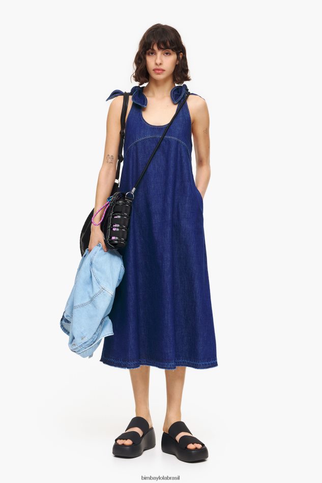 roupas Bimba Y Lola vestido jeans escuro evasê azul P28JFH513