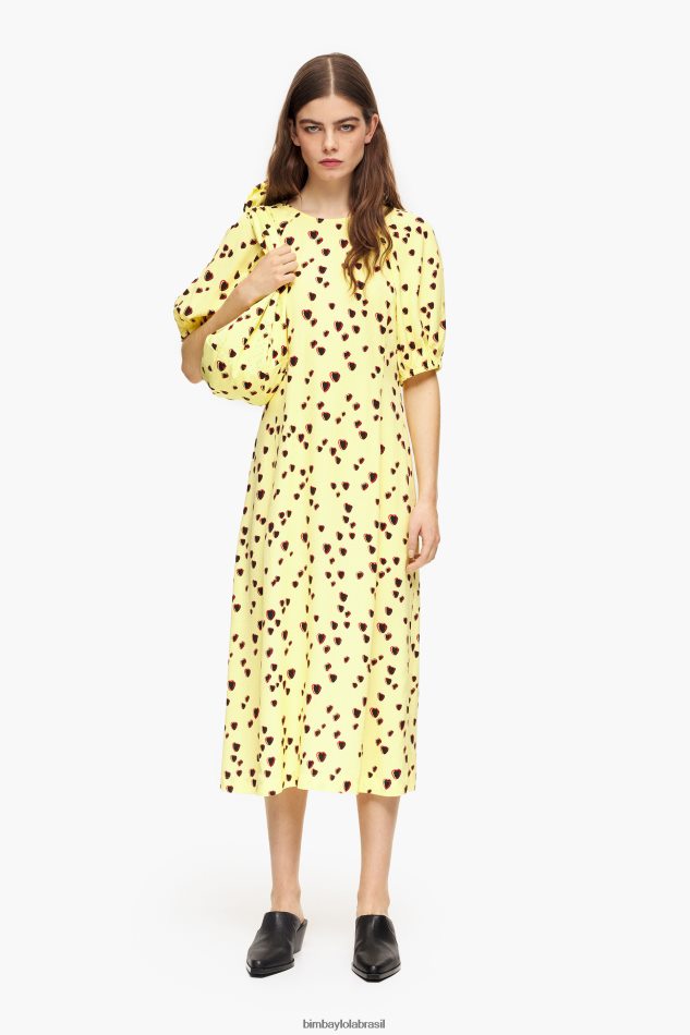 roupas Bimba Y Lola vestido midi com estampa de corações pequenos amarelo P28JFH221