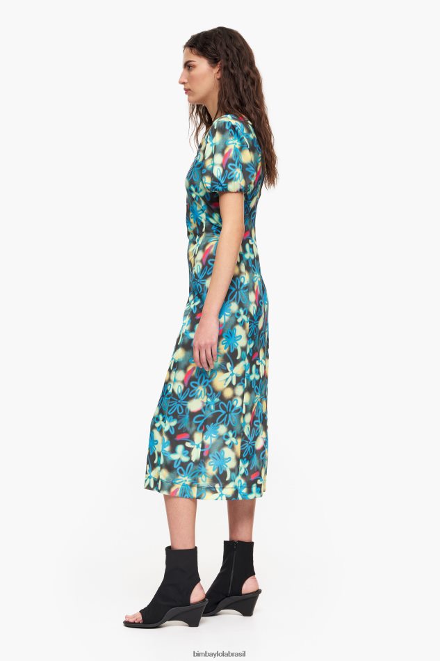 roupas Bimba Y Lola vestido midi fluido estampado de flores pichação P28JFH232