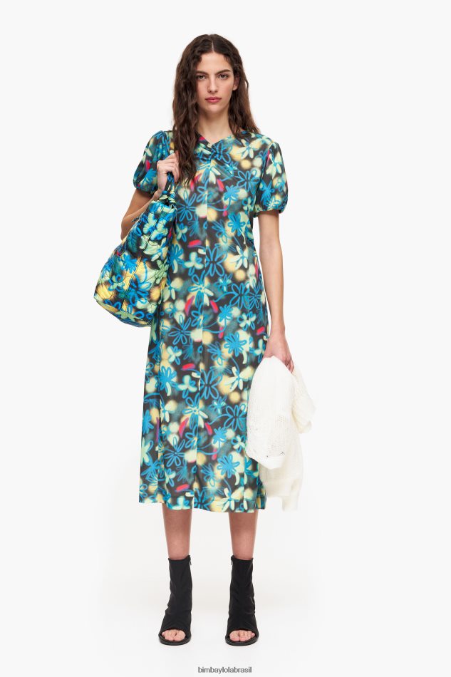 roupas Bimba Y Lola vestido midi fluido estampado de flores pichação P28JFH232