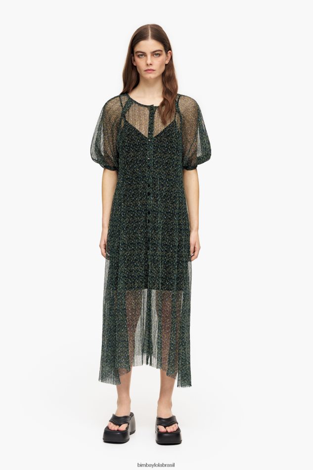 roupas Bimba Y Lola vestido midi romântico com estampa de flores verde P28JFH236