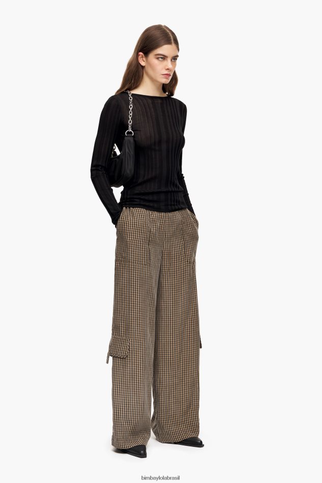 roupas Bimba Y Lola calças cupro de guingão preto e marrom P28JFH438
