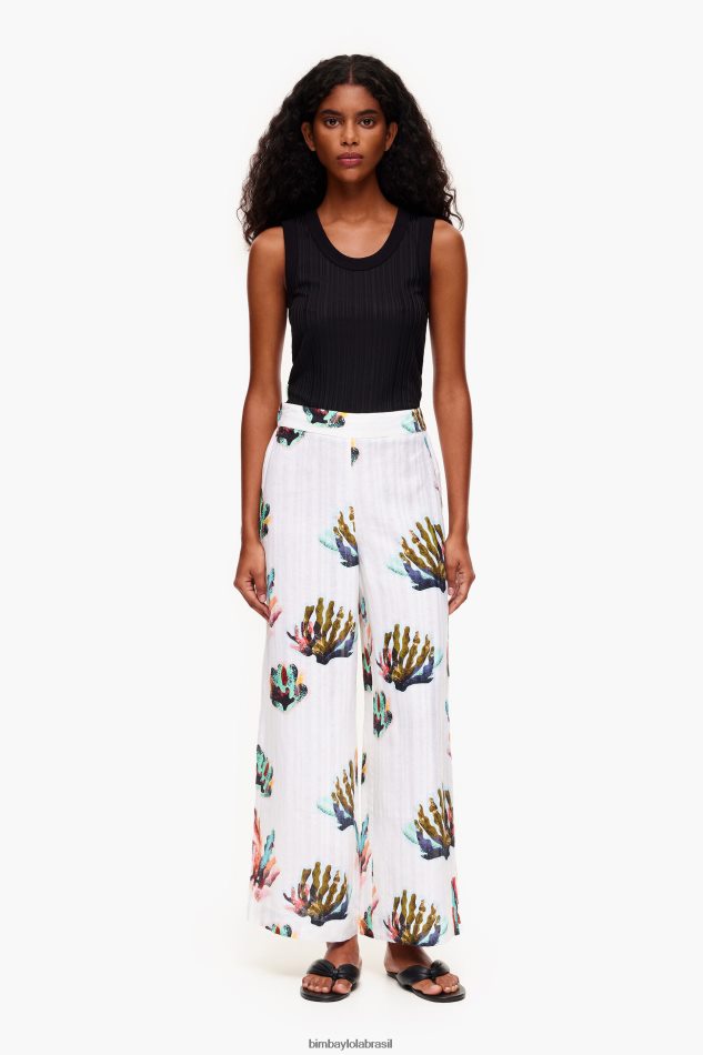 roupas Bimba Y Lola calças de linho com estampa de coral marfim P28JFH394