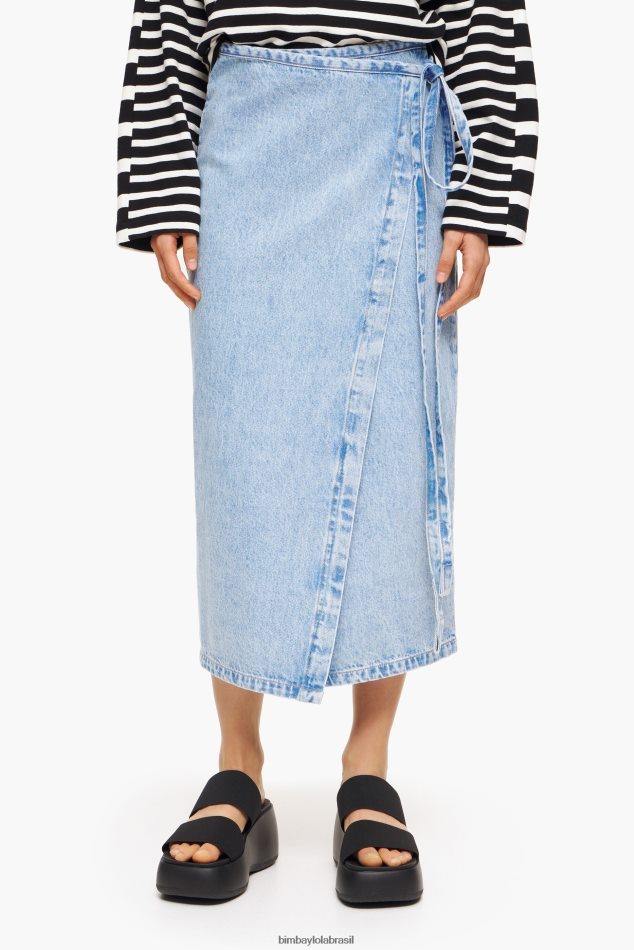 roupas Bimba Y Lola saia envelope midi jeans azul P28JFH465