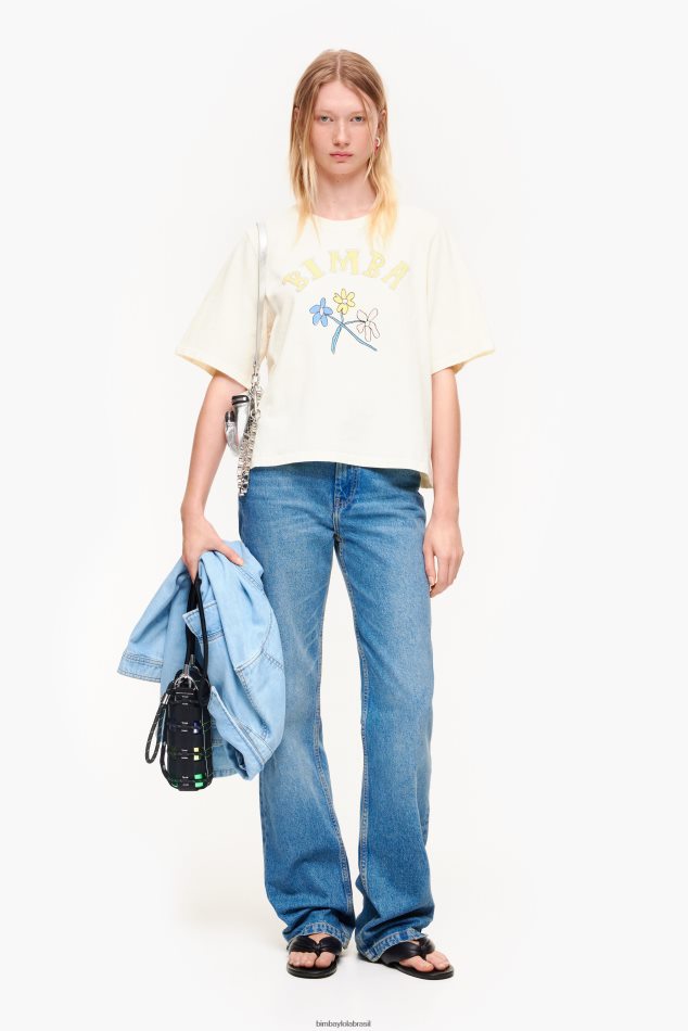 roupas Bimba Y Lola camiseta com logotipo de flor de algodão baunilha P28JFH269