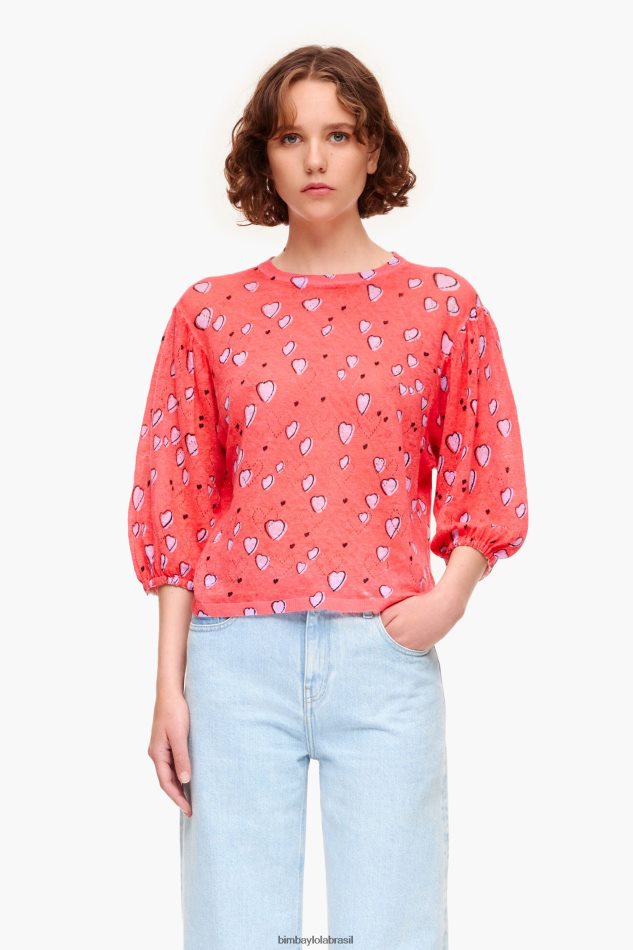 roupas Bimba Y Lola suéter de linho com estampa de coração pequeno vermelho P28JFH367